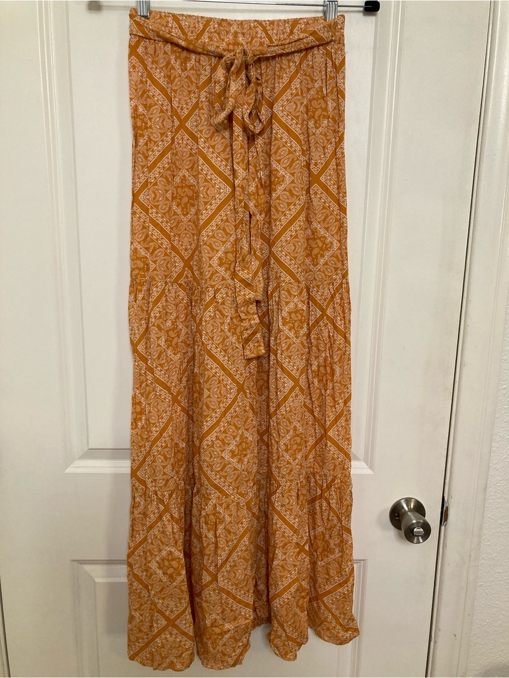 Blue Rain Maxi Skirt Yellow Orange Paisley Tiered Front Tie Boho Hippiecore XS